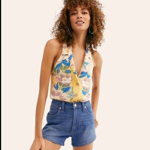 Free People Offshore Yellow Floral Print Halter Bodysuit Sz: Small
